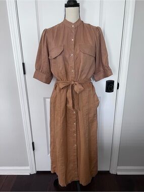 NWT Lanhtropy Linen Midi Shirt Dress Camel Tan Color Size Medium